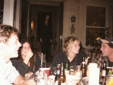 Unnoticed pale stranger watches a cheerful dinner party from the dark doorway