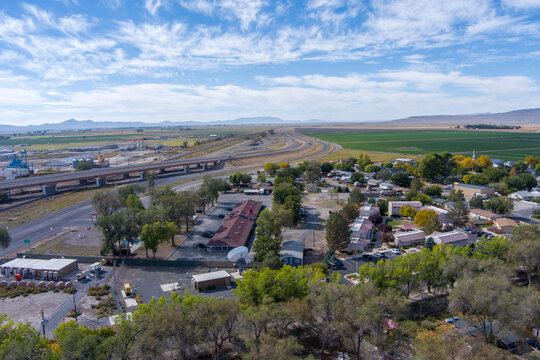 Aerial View of Lovelock Nevada, located East of Reno along Interstate 80, with the urban and rural areas of this desert Nevada town