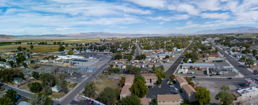 Aerial View of Lovelock Nevada, located East of Reno along Interstate 80, with the urban and rural areas of this desert Nevada town,