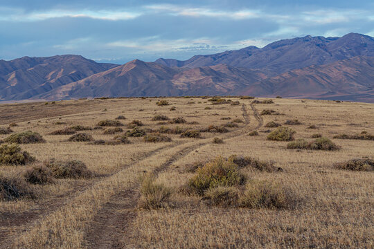 Road through the desert leading to rugged mountains in northern Nevada on  an overcast Autumn day