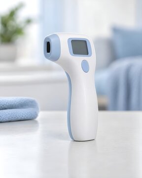 Generic non-contact infrared forehead thermometer on a clean healthcare surface