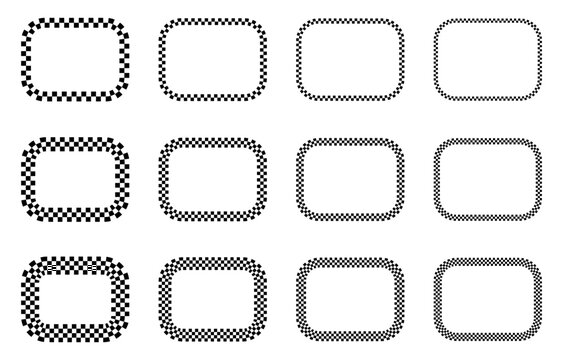 Rectangular checkerboard frames vector set. Black and white checkered borders with rounded corners, different square sizes and multiple rows. Geometric racing flag patterns, decorative frames mosaic