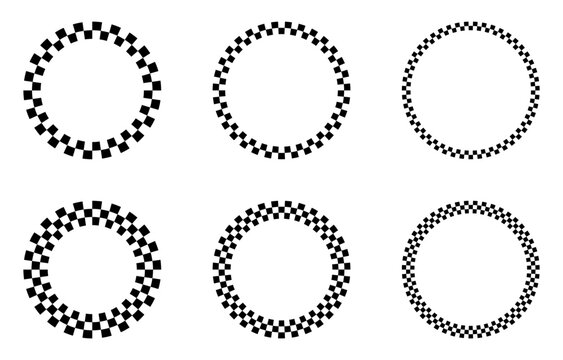 Checkered racing circle frames vector set. Black and white checkerboard round borders with different square sizes. Motorsport finish flag patterns, geometric ornaments and decorative design elements.