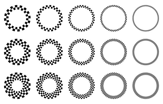 Circular checkerboard frames vector collection. Black and white checkered borders with different square sizes and multiple rows. Geometric round patterns, racing flag ornaments and decorative rings