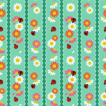 Striped daisy and ladybug seamless pattern with wavy lines on mint green