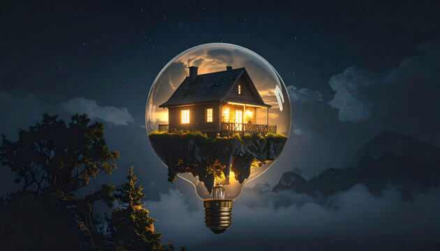 A surreal digital illustration showing a glowing miniature cozy house trapped inside a lightbulb in a night landscape