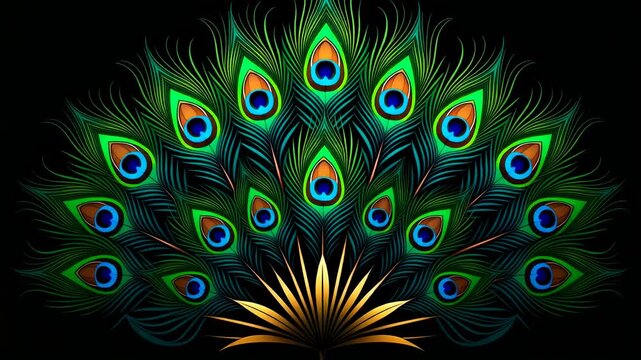 Vibrant Peacock Feathers Displayed in a Symmetrical Fan Pattern on Black Background