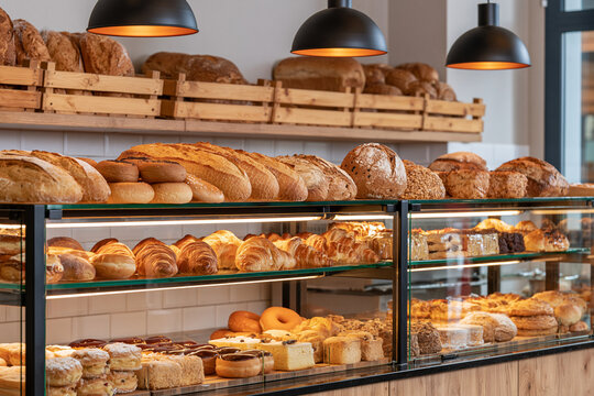 assorted baked goods displayed in bakery glass case