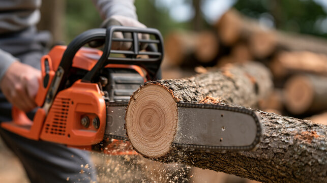 person cutting log with orange chainsaw outdoors