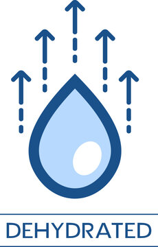 a blue vector illustration showing a water drop with an upward arrow, representing dehydration or evaporation process in a minimal style draw