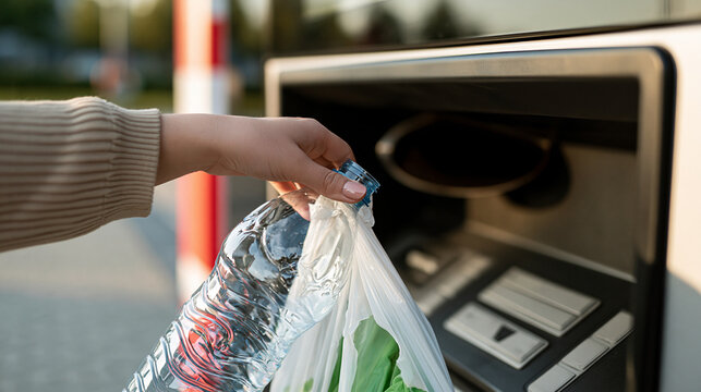 Hand placing plastic bottle and bag into recycling