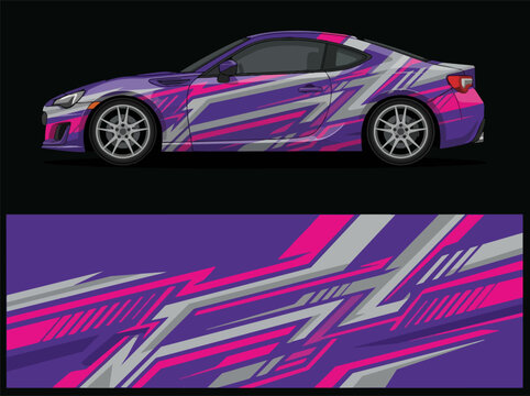 Sporty car with vibrant purple and pink racing decals