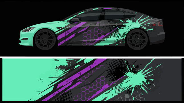 Futuristic car wrap with neon green and purple design
