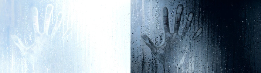 Fototapeta premium Handprint pressed on blue foggy glass with water droplets and drips for horror in PNG, Transparent and Black Background Versions