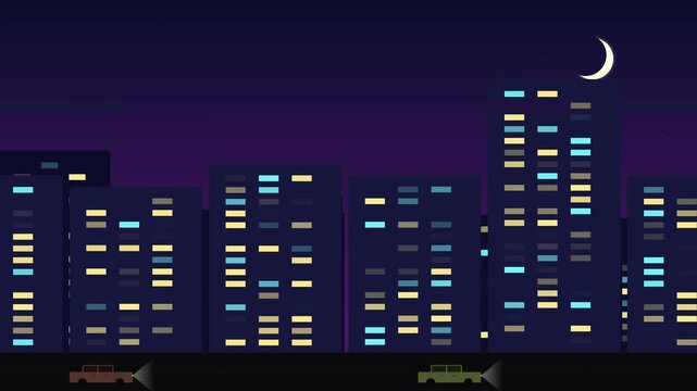 Vector illustration of a night city skyline with illuminated apartment windows under a crescent moon and dark purple sky with cars