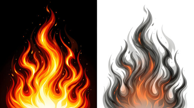 Dynamic Flames: A vibrant depiction of fire, showcasing the intense heat and energy of burning flames in both black and white backgrounds, highlighting the raw power of combustion.
