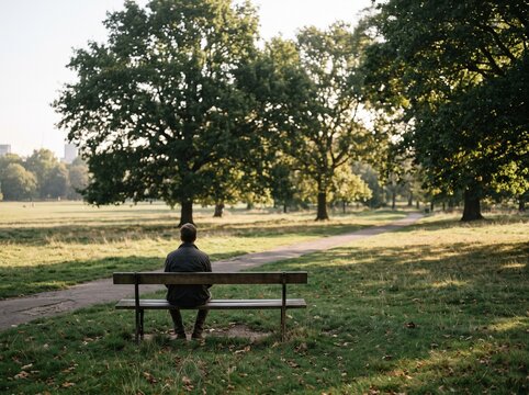 Person sitting alone on wooden bench in serene park during golden hour