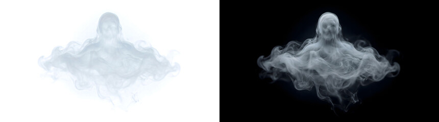 Fototapeta premium Ghost with a hooded skull face rising from a wide smoke cloud for horror in PNG, Transparent and Black Background Versions