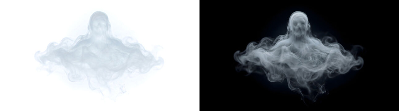 Ghost with a hooded skull face rising from a wide smoke cloud for horror in PNG, Transparent and Black Background Versions