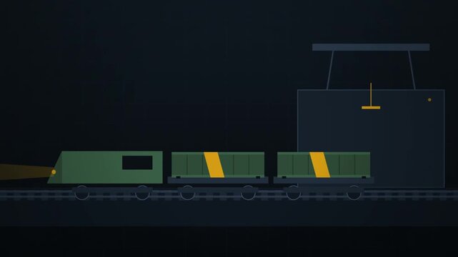 Flatbed freight train with containers moving on tracks at night