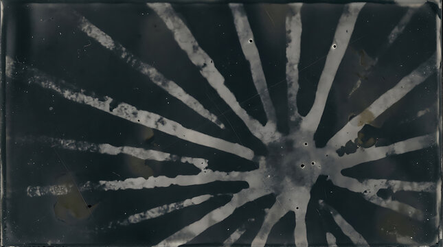 Abstract dark silver sunburst pattern with vintage film grain and grunge texture overlay.