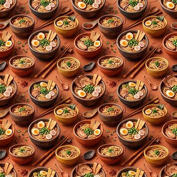 Japanese Ramen Noodle Soup Bowls Seamless Pattern Background