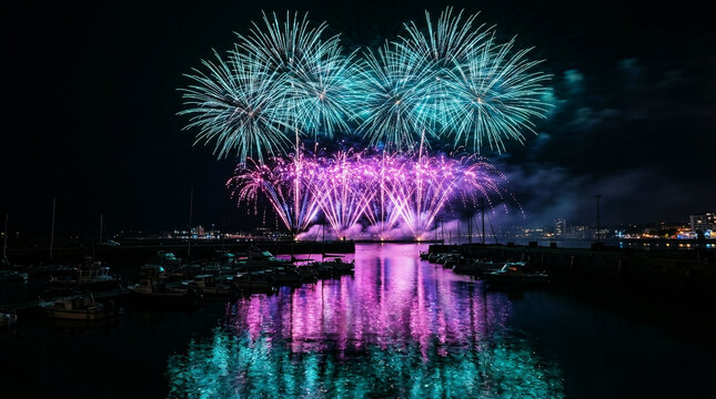 Colorful fireworks exploding over harbor with boats, bright pyrotechnics reflecting on water creating vibrant night celebration