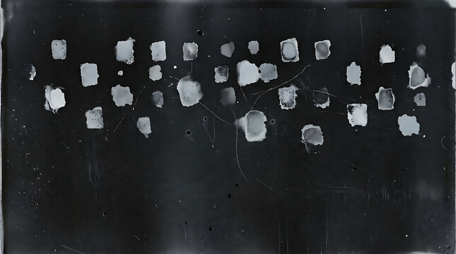 Abstract film grain texture with silver light spots on dark black background
