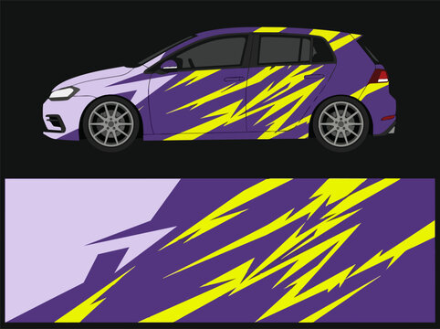 Purple car with yellow lightning bolt decal wrap design