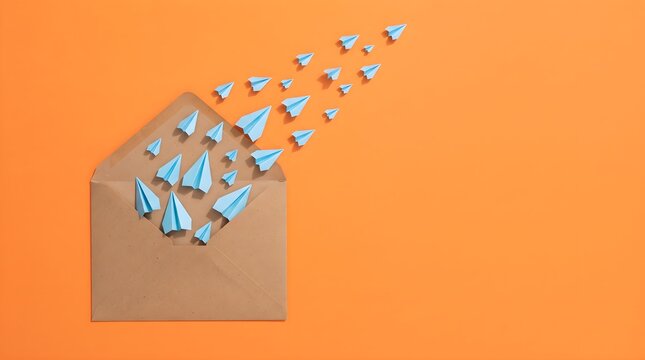 Creative paper planes flying from open brown mail envelope.