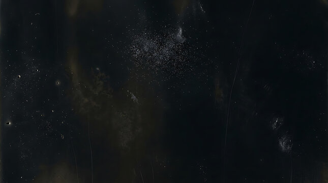 Abstract dark background with silver glitter particles and film grain texture overlay.