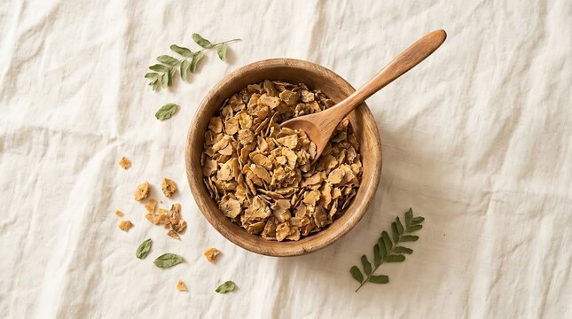 Healthy organic oat flakes in a small wooden bowl with a wooden spoon on a textured light surface. organic amla flakes