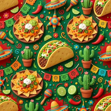 Colorful Cinco De Mayo Fiesta Seamless Background with Mexican Food