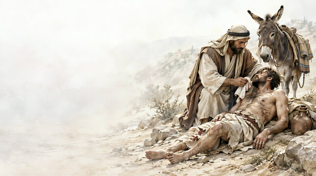 The Parable of the Good Samaritan. Biblical story conceptual theme. Artistic minimalist art with copy space.