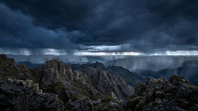 Dramatic storm clouds over rugged mountain peaks