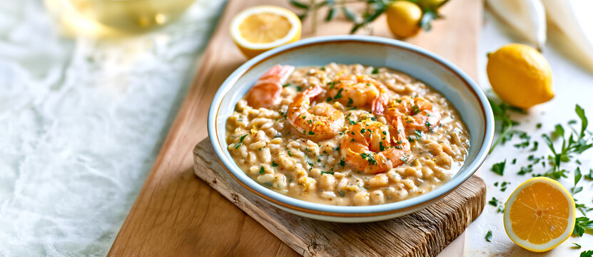 Creative food template. Seafood Risotto with shrimp prawn,  parsley herbs, lemon zest fruit on wooden board, Mediterranean rustic table, copy text space, Long banner
