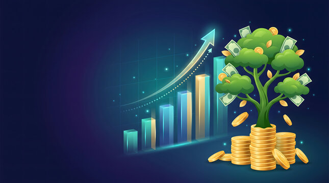 Investment Growth Vector Concept Money Tree Sprouting From Gold Coins With Rising Bar Chart On Dark Blue Background Financial Wealth Management And Wealth Accumulation