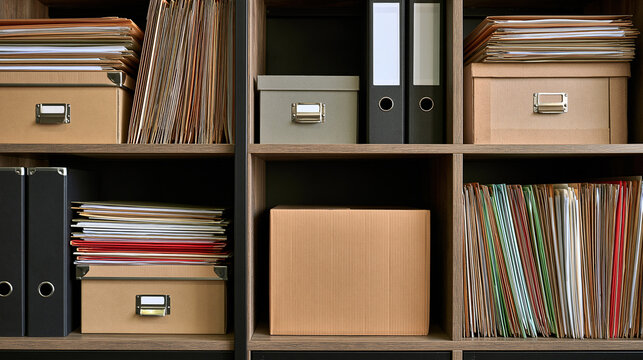 Organized office shelves with files boxes and binders