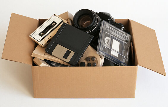 Open cardboard box filled with retro electronics on