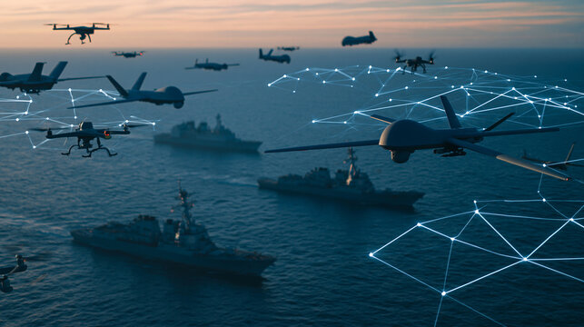 Military drones and ships operating over ocean with