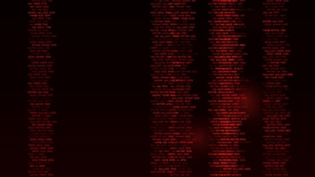 Programming code scrolling down on computer screen displaying red text data motion video clip background