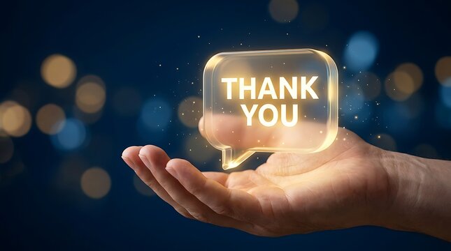 A human hand carefully supports a bright holographic display showing the words thank you in a dimly lit and darkened interior space