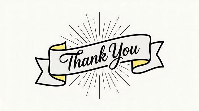 Hand drawn vintage style thank you ribbon banner illustration with radiating lines and a simple plain background for various design projects