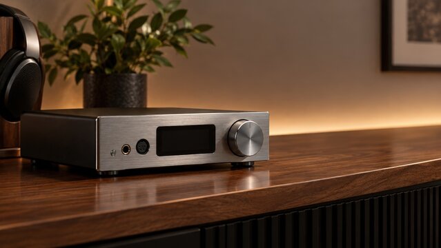 High-End Audio Amplifier with Brushed Metal Front Panel on Wooden Console.