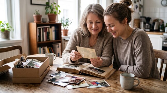 Mother and daughter looking at old photographs together reminiscing about memories at a wooden table