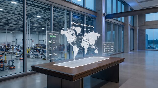 Global supply chain logistics visualized on holographic display in modern office with factory background