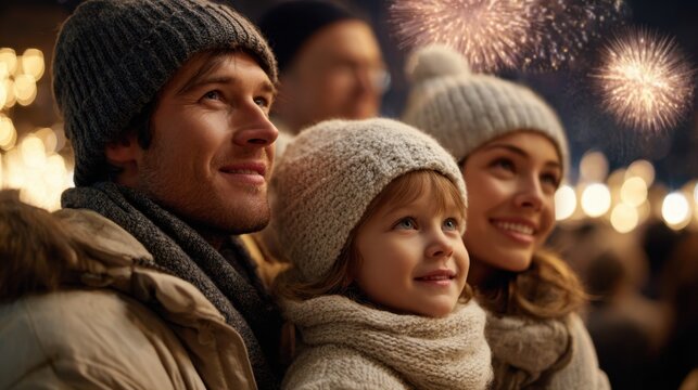 Joyful caucasian family watching fireworks display together on a winter evening