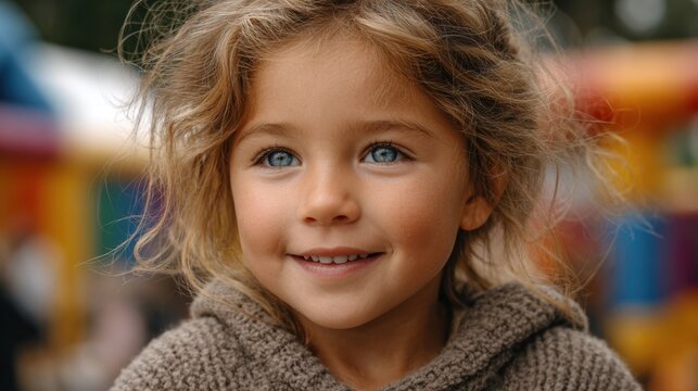 Smiling caucasian young girl with blue eyes in a cozy brown sweater outdoors