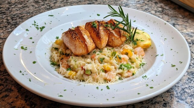 Seared scallops plated on corn risotto with herb garnish