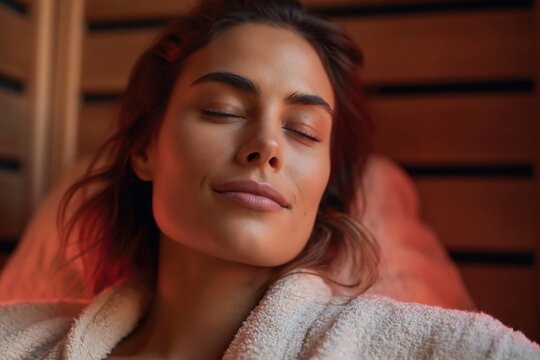 Woman reclining with towel in sauna wooden interior